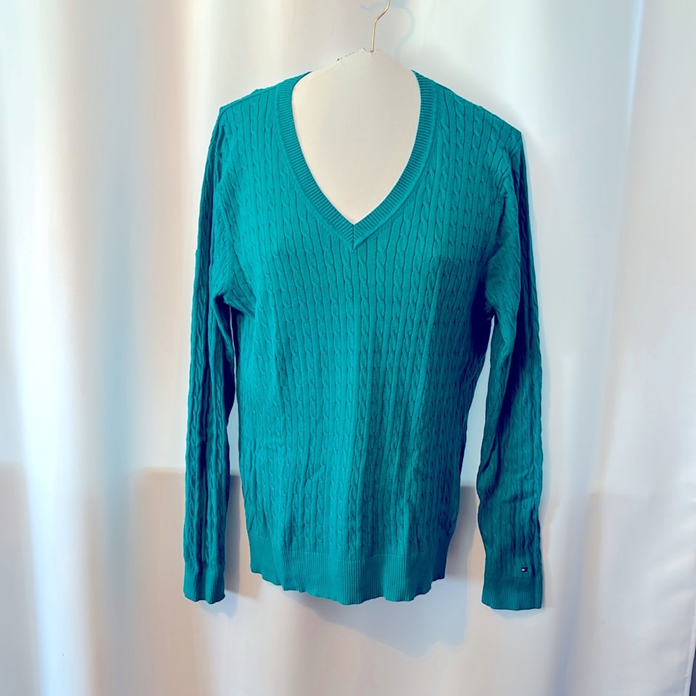 Tommy Hilfiger Green Cotton Cable Knit V-Neck Sweater